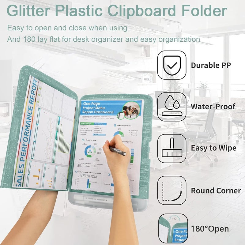SFLHHDM Glitter Clipboard with Storage,Storage Clipboard with Pen Holder,A4 Binder Clip Boards 8.5x11 with Low Profile Clip,Side Opening Sparkle Clipboards, Clipboards Folder for Office Supplies-Grayish Green - Image 5